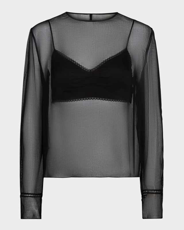 Sheer Lace-Trim Long-Sleeve Top